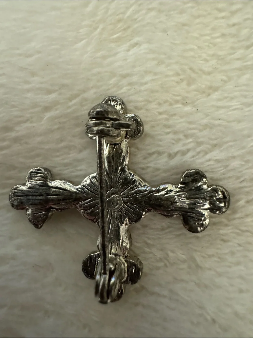 Vintage-Inspired Silver Cross Brooch with Red and Blue Stones